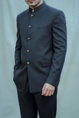 Navy blue solid poplin bandhgala for men 1