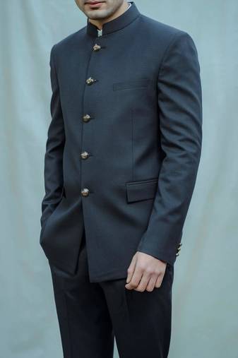 Navy blue solid poplin bandhgala for men