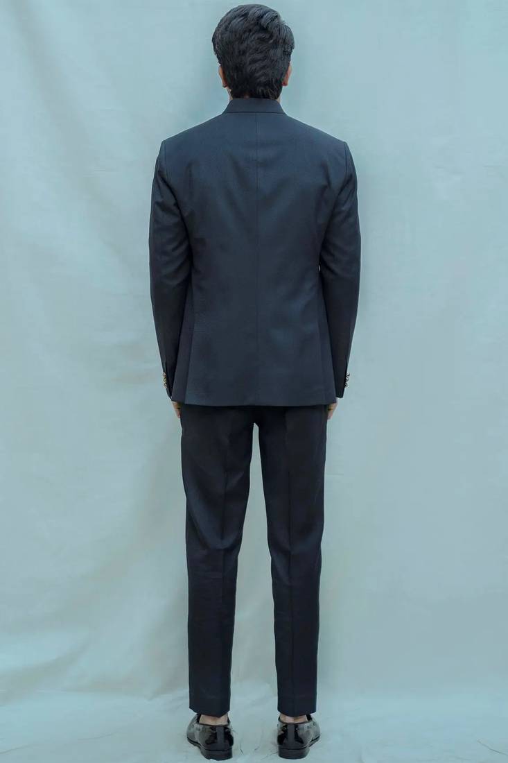 Navy blue solid poplin bandhgala for men