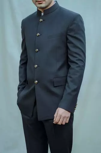 Navy blue solid poplin bandhgala for men