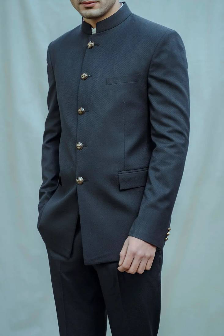 Navy blue solid poplin bandhgala for men