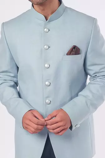 Sky blue solid suiting bandhgala for men