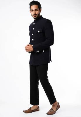 Black solid suiting bandhgala for men 1
