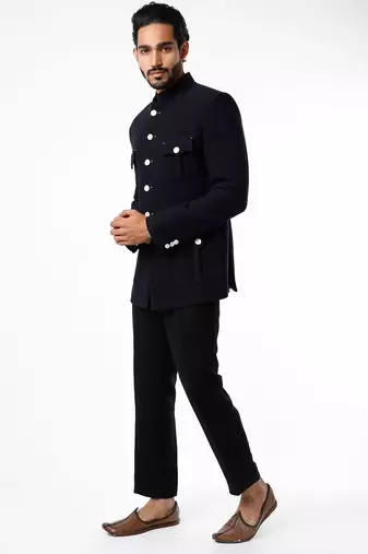 Black solid suiting bandhgala for men