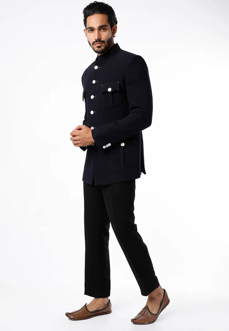 Black solid suiting bandhgala for men