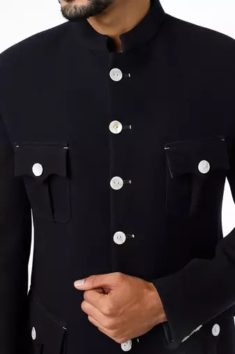Black solid suiting bandhgala for men