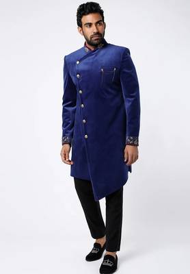 Blue embroidered suede velvet bandhgala for men 1