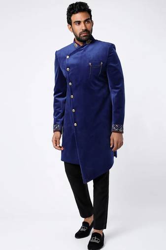 Blue embroidered suede velvet bandhgala for men