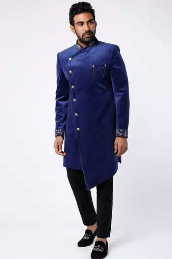 Blue embroidered suede velvet bandhgala for men