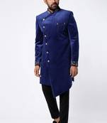 Blue embroidered suede velvet bandhgala for men