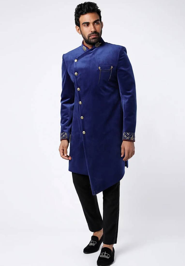 Blue embroidered suede velvet bandhgala for men