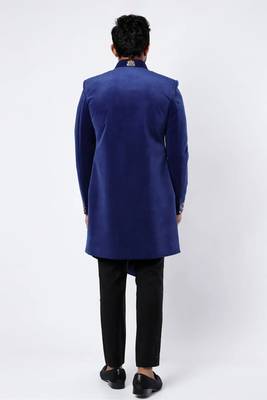 Blue embroidered suede velvet bandhgala for men 2