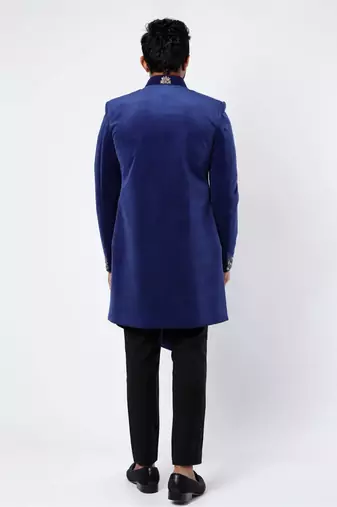 Blue embroidered suede velvet bandhgala for men