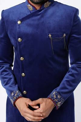 Blue embroidered suede velvet bandhgala for men 3