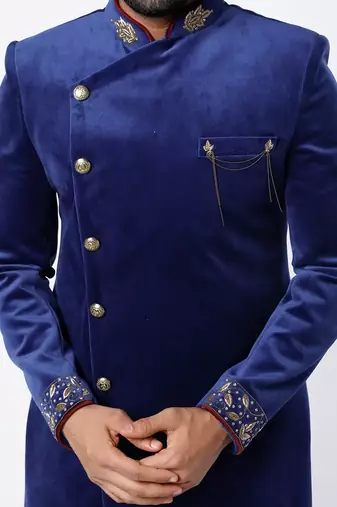 Blue embroidered suede velvet bandhgala for men