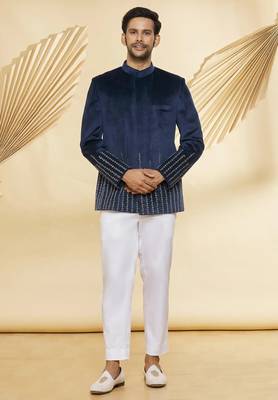 Navy blue hand embroidered suede velvet bandhgala for men 1