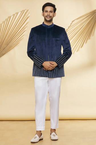 Navy blue hand embroidered suede velvet bandhgala for men