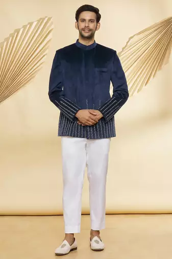 Navy blue hand embroidered suede velvet bandhgala for men