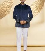 Navy blue hand embroidered suede velvet bandhgala for men