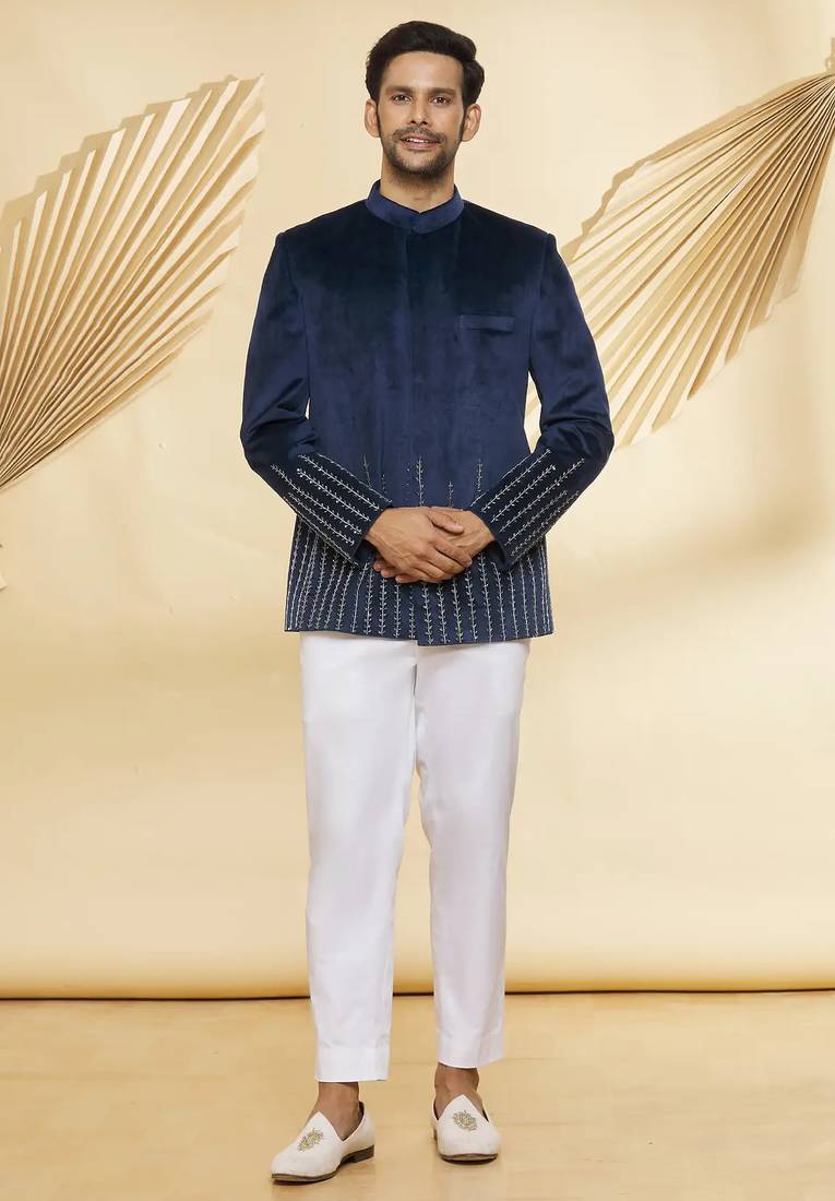 Navy blue hand embroidered suede velvet bandhgala for men