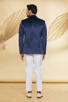 Navy blue hand embroidered suede velvet bandhgala for men 2