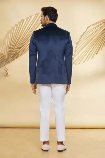 Navy blue hand embroidered suede velvet bandhgala for men