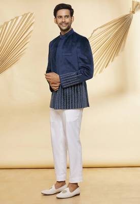 Navy blue hand embroidered suede velvet bandhgala for men 3