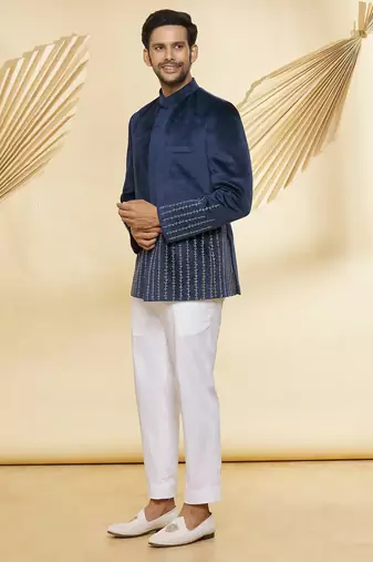 Navy blue hand embroidered suede velvet bandhgala for men