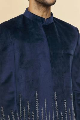 Navy blue hand embroidered suede velvet bandhgala for men 4