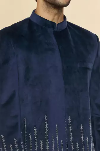 Navy blue hand embroidered suede velvet bandhgala for men