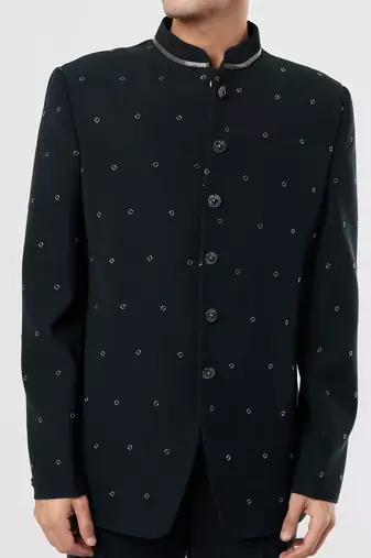 Black solid suede velvet bandhgala for men
