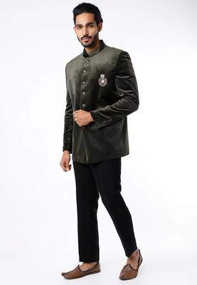 Olive green embroidered suede velvet bandhgala for men 1