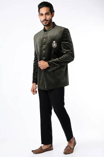 Olive green embroidered suede velvet bandhgala for men