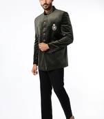 Olive green embroidered suede velvet bandhgala for men