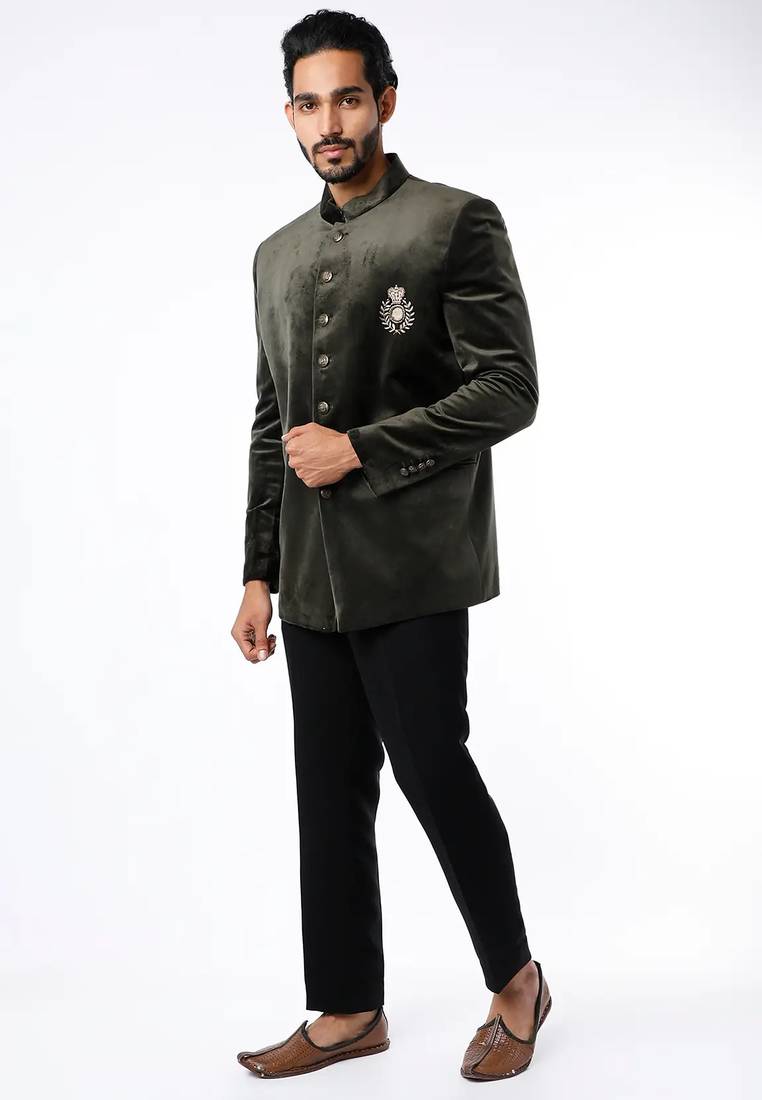 Olive green embroidered suede velvet bandhgala for men