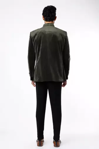 Olive green embroidered suede velvet bandhgala for men