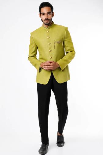 Green embroidered handloom silk bandhgala for men
