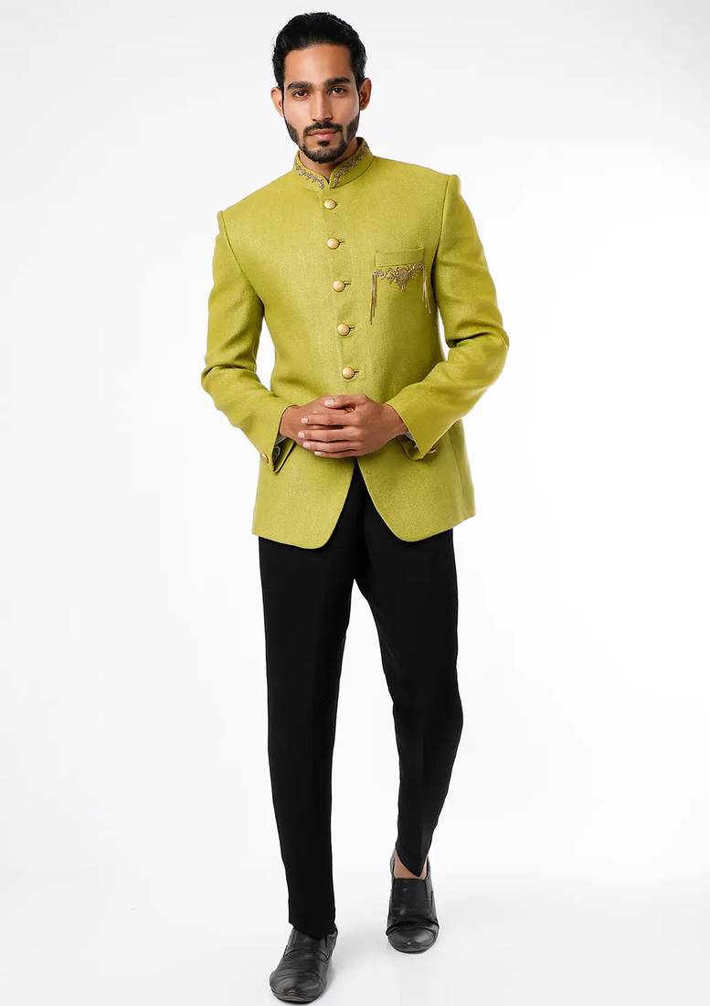 Green embroidered handloom silk bandhgala for men