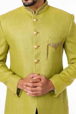 Green embroidered handloom silk bandhgala for men 3