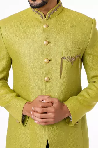 Green embroidered handloom silk bandhgala for men