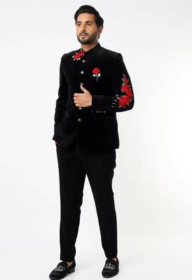 Black embroidered suede velvet bandhgala for men 1