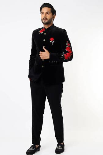 Black embroidered suede velvet bandhgala for men