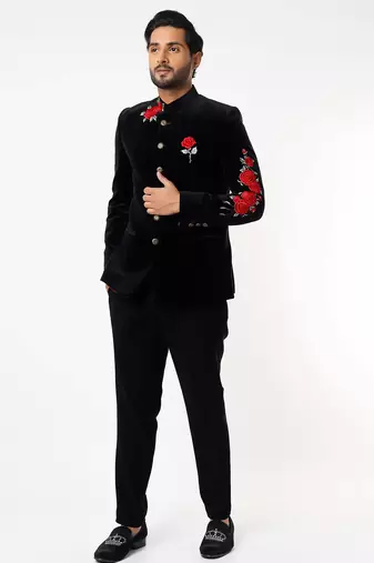 Black embroidered suede velvet bandhgala for men