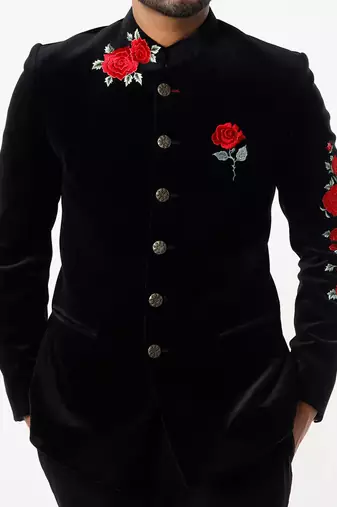 Black embroidered suede velvet bandhgala for men