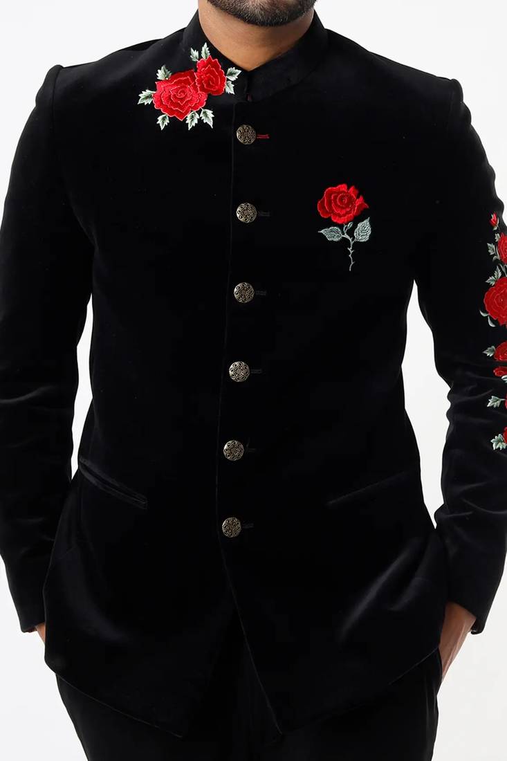 Black embroidered suede velvet bandhgala for men