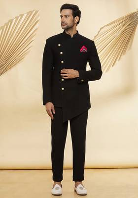 Black embroidered suede velvet bandhgala for men 1