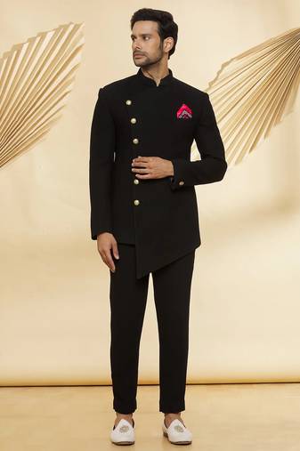 Black embroidered suede velvet bandhgala for men