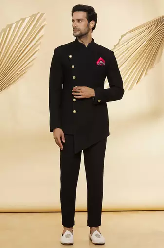 Black embroidered suede velvet bandhgala for men