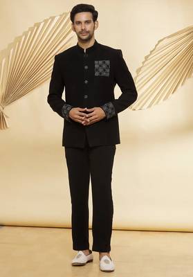 Black embroidered suede velvet bandhgala for men 1
