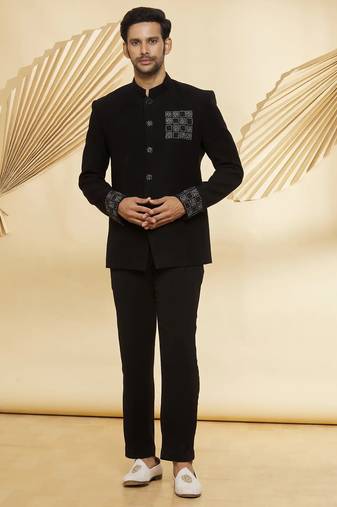 Black embroidered suede velvet bandhgala for men